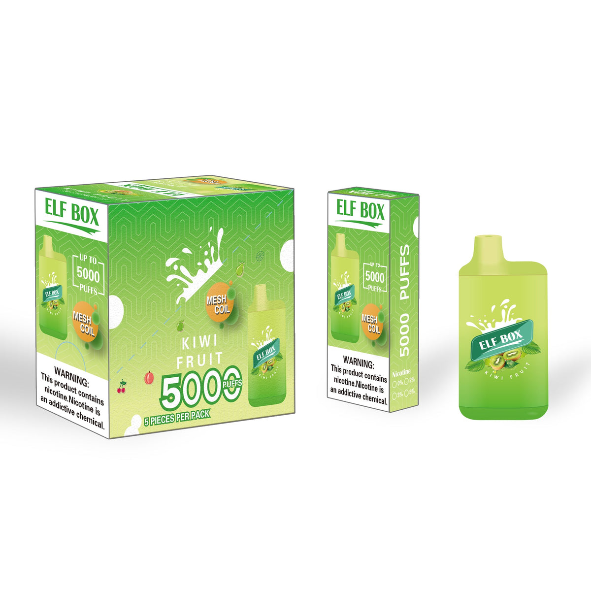 ELF BOX ELB5000 Kiwi Fruit Ice 5% e-liquid bottle from Flavour World SA, featuring kiwi fruit flavor in a clear, colorful packaging
