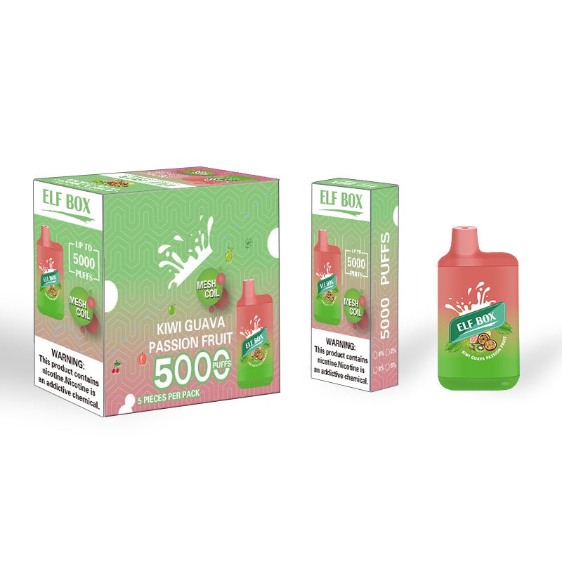 ELF BOX ELB5000 Kiwi Guava Passion Ice 5% flavored e-liquid bottle from Flavour World SA, showing the colorful label.