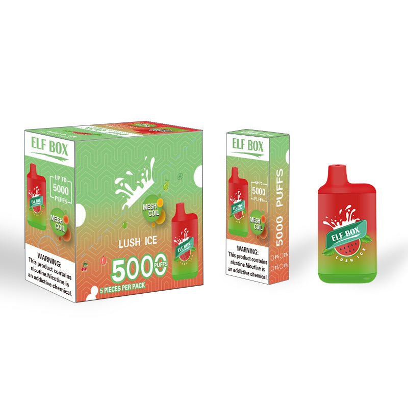ELF BOX ELB5000 Lush Ice 5% flavored disposable vape device by Flavour World SA with vibrant design and compact size.