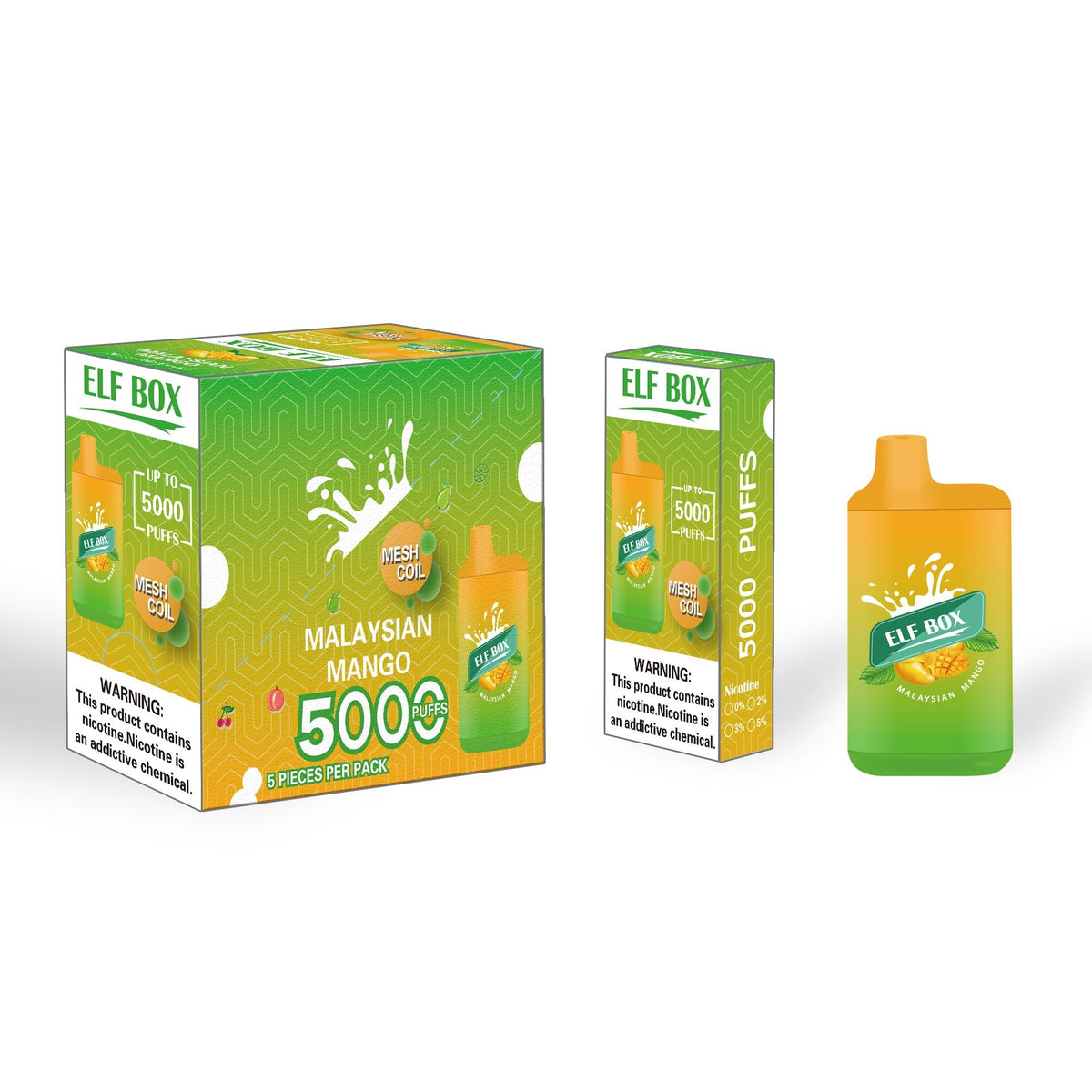 Malaysian Mango Ice ELF BOX ELB5000 by Flavour World SA in a box with mango flavor and 5% nicotine content.