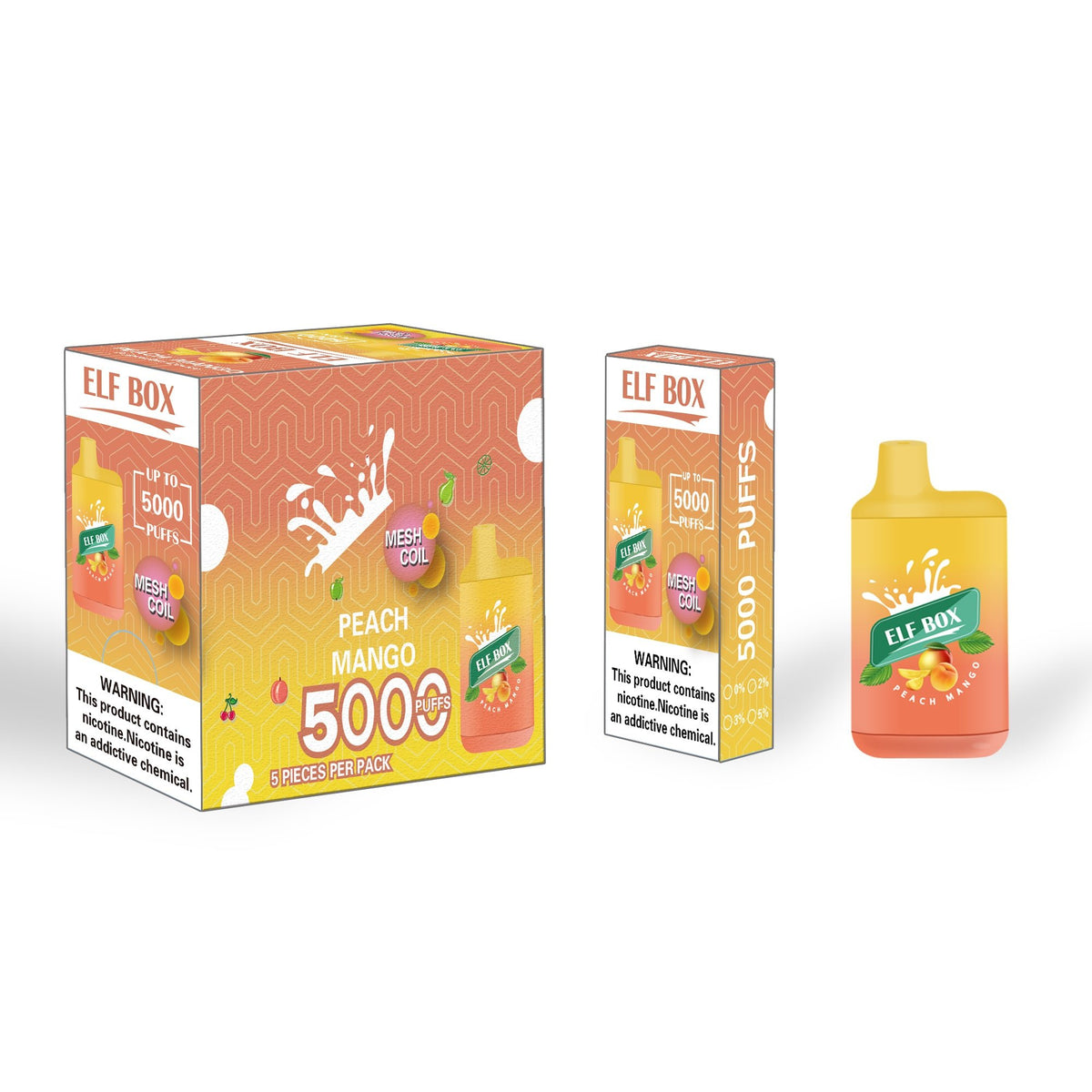 ELF BOX ELB5000 Peach Mango Ice 5% flavored vape device from Flavour World SA, with sleek design and vibrant color.