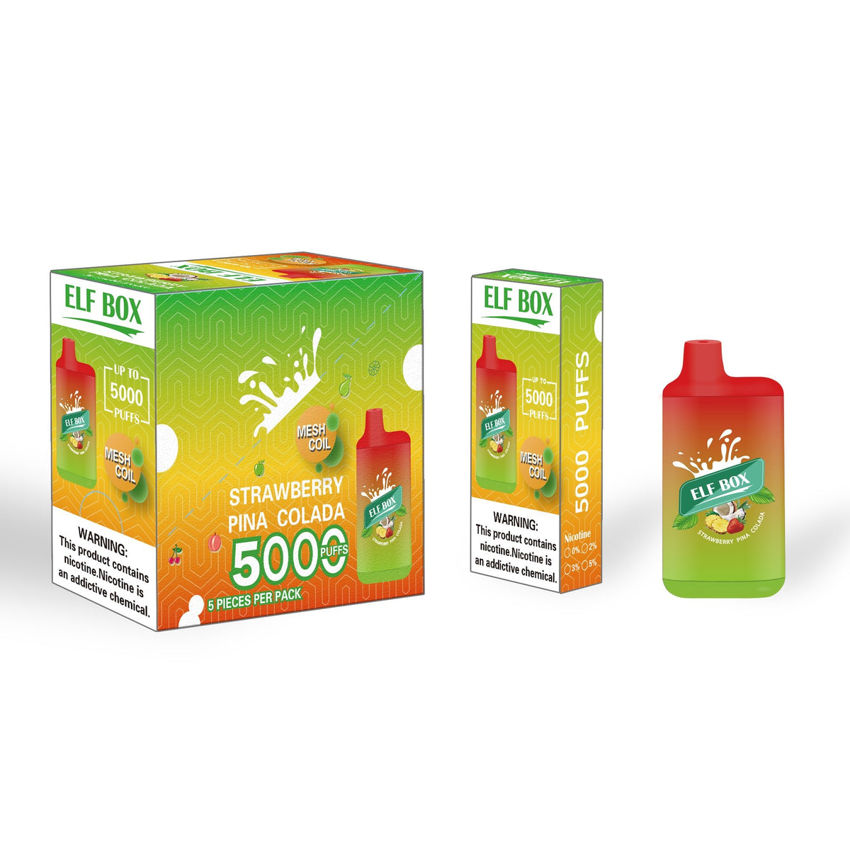 ELF BOX ELB5000 Strawberry Pina Colada Ice 5% e-liquid bottle from Flavour World SA with vibrant label design.