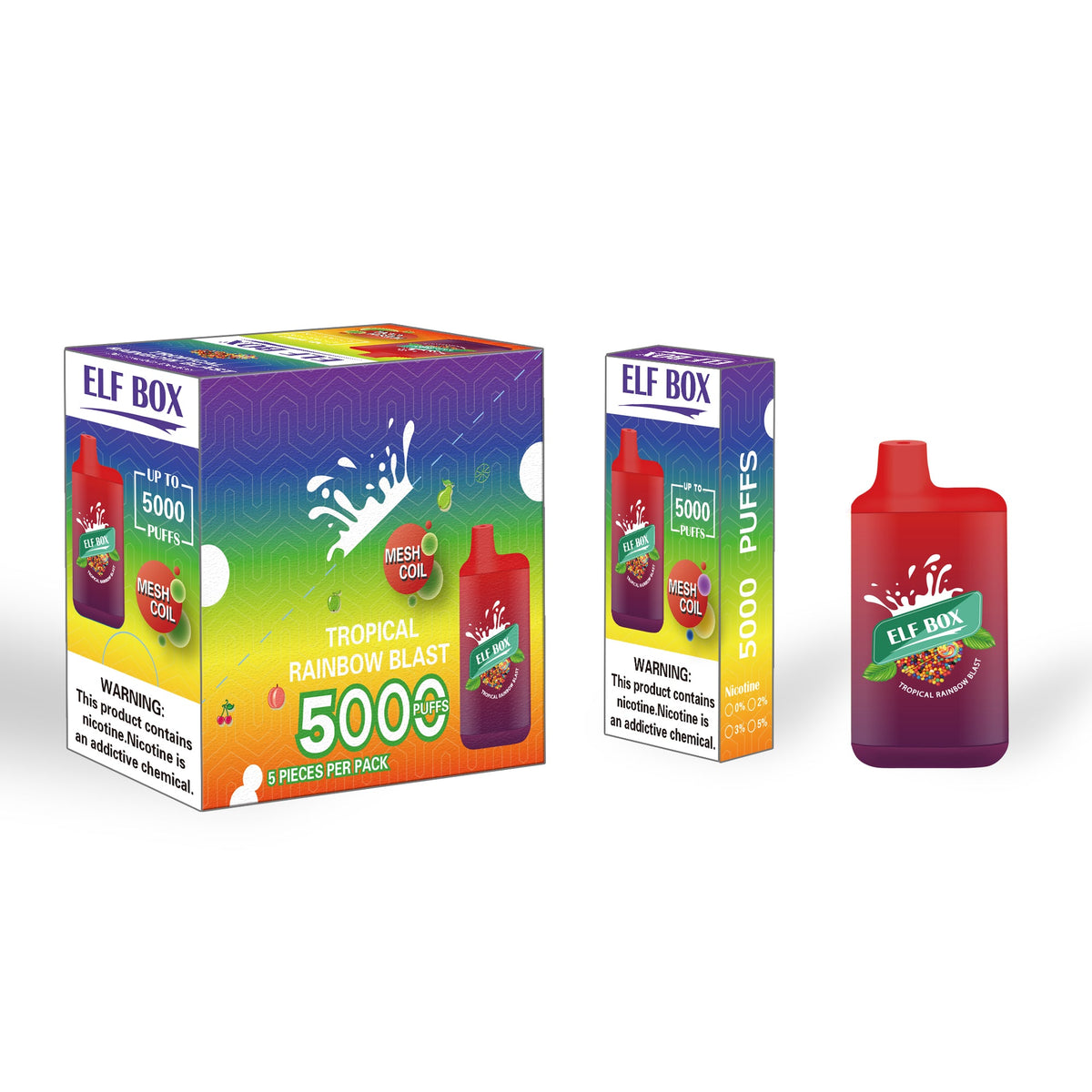 ELF BOX ELB5000 Tropical Rainbow Blast 5% vape device with colorful packaging from Flavour World SA.