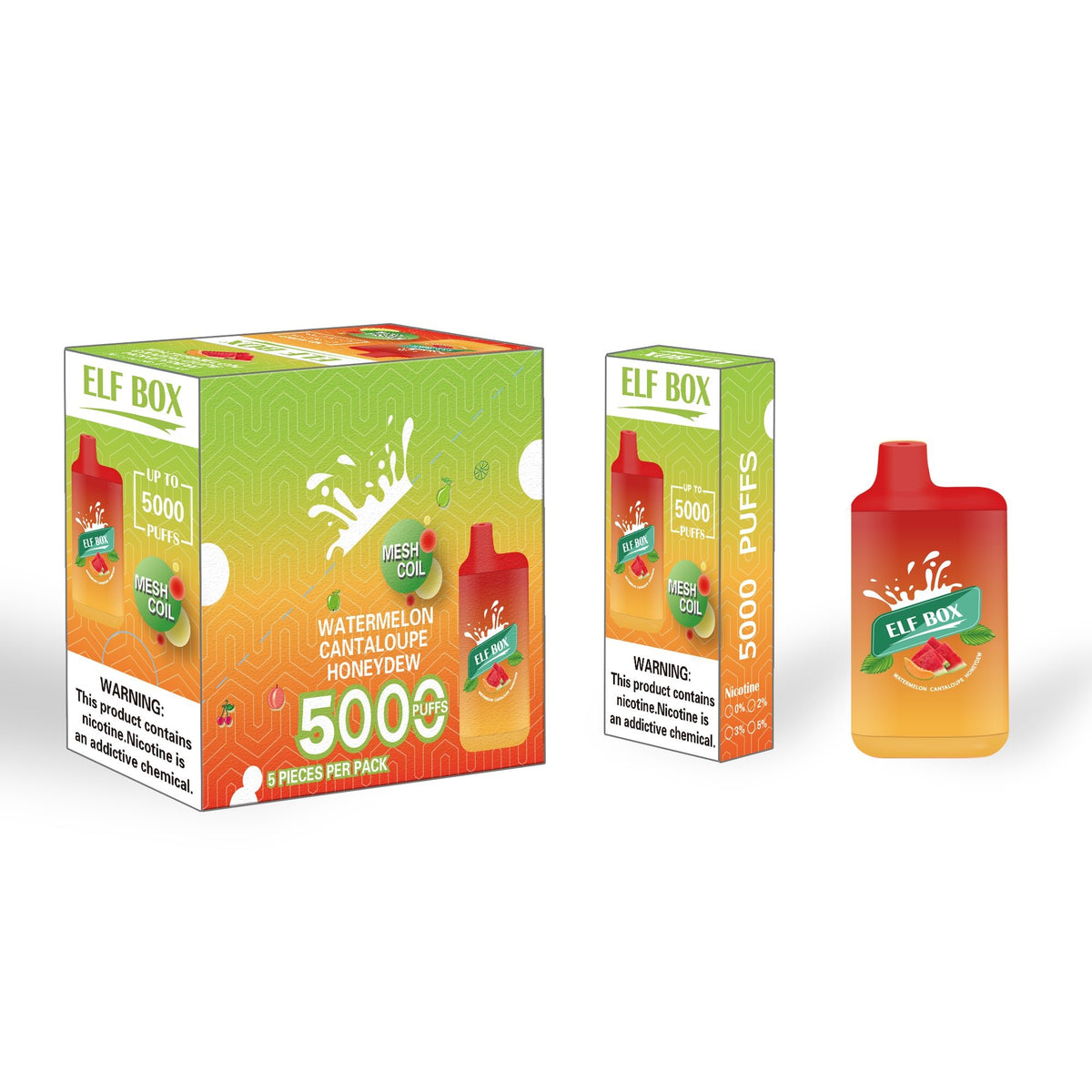 ELF BOX ELB5000 Watermelon Cantaloupe Honeydew Ice 5% vape device from Flavour World SA showing the colorful packaging and flavor label.
