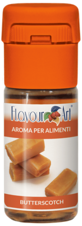 Creamy FA Butterscotch flavor from Flavour World SA in a clear bottle, showcasing the rich, golden color of the liquid.