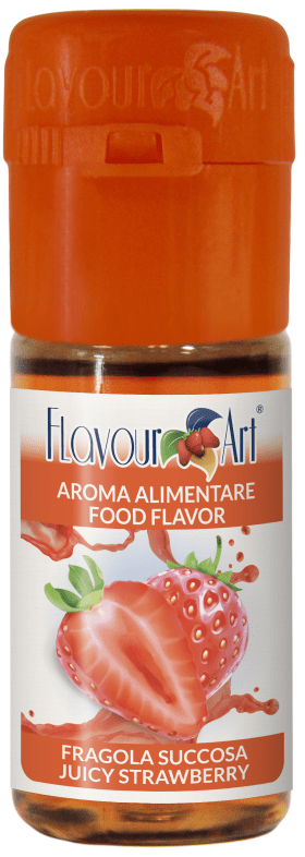 Fresh, vibrant FA Juicy Strawberry flavor bottle by Flavour World SA featuring ripe strawberries and bright red liquid.