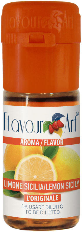 Flavor Art FA Lemon Sicily flavoring bottle with yellow lemon illustration, showcasing the citrus flavor for e-liquids and culinary use.