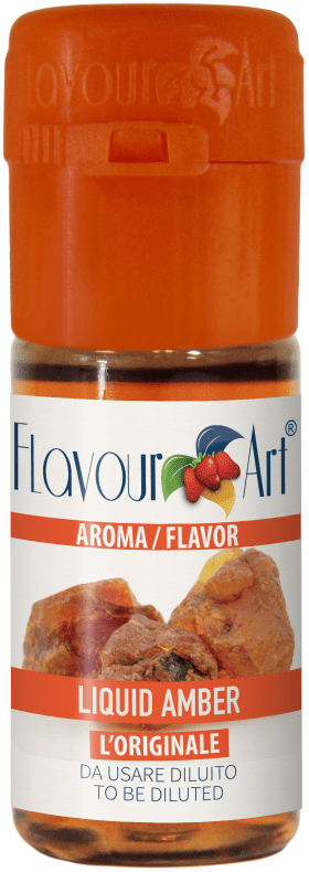Flavor Art FA Liquid Amber flavor concentrate in clear bottle, showing the product label and amber-colored liquid inside.