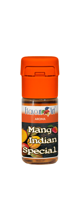 Flavor Art Mango Indian Special concentrated flavor in a bottle, showcasing vibrant yellow-orange mango liquid with branding label.