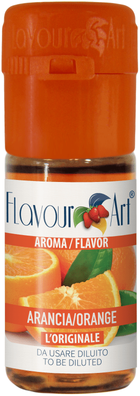 Flavor Art FA Orange Flavour bottle, vibrant orange liquid inside, used for adding citrus flavor to e-liquids or recipes.