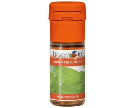 Bottle of Flavor Art Concentrated Flavours FA Peppermint flavor extract in a clear glass bottle with a black cap.