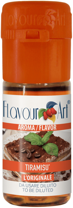 Flavor Art Tiramisu Booster Flavor bottle showing the label with a creamy dessert theme and product details.