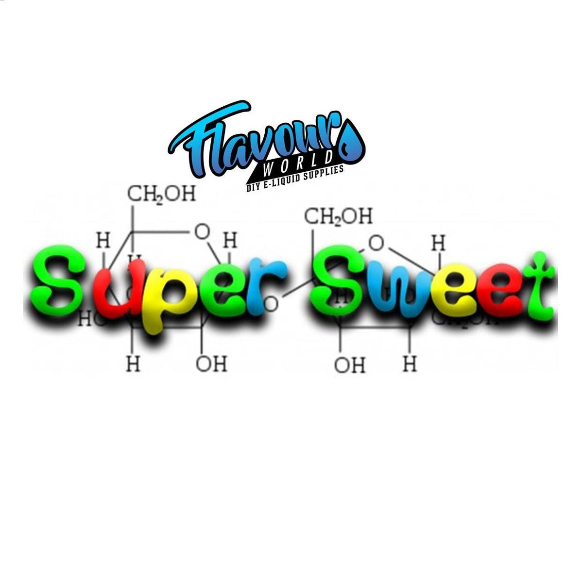 Flavour World Super Sweet sweetener promotional graphic with multicolored gradient typography on molecular formula background