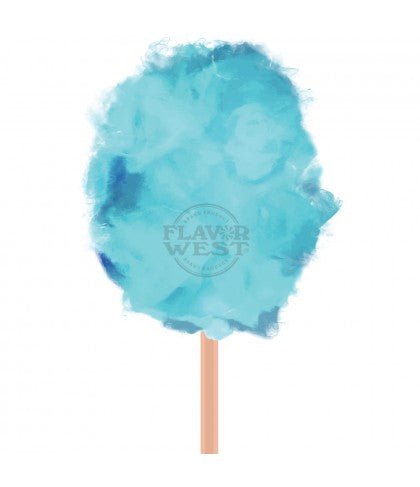 Flavor West Blueberry Cotton Candy flavor concentrate in a bottle, with vivid blue and pink packaging and a cotton candy background.