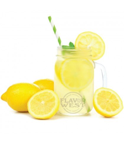 Flavor West Lemonade flavor bottle showcasing bright yellow lemon flavor and branding in a clear plastic bottle.