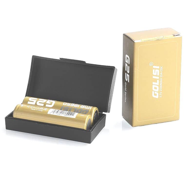 Two Golisi G25 18650 rechargeable batteries with 2500mAh capacity, shown side by side in a 2-pack.