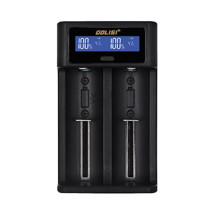 Golisi I2 USB charger for batteries, compact black device with USB ports, designed for efficient charging of rechargeable batteries.