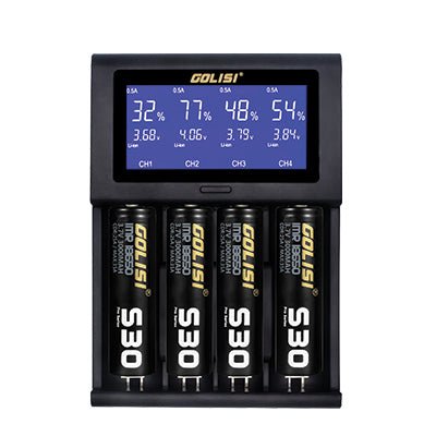 Golisi I4 USB charger for batteries and devices, black plastic with four USB ports, compact and portable design.