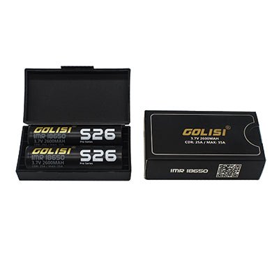 Two Golisi S26 18650 lithium-ion batteries with 2600mAh capacity, shown side by side in a 2-pack.