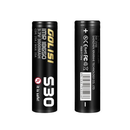 Two Golisi S30 18650 rechargeable batteries with 3000mAh capacity, shown in a 2-pack for versatile power supply.