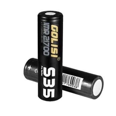 Two Golisi S35 21700 batteries with 3750mAh capacity and 40A discharge rate, shown side by side in the image.