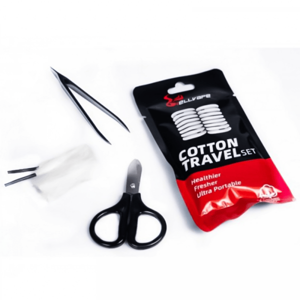 Hellvape cotton travel set with assorted cottons and tools for vaping, branded by Flavour World SA. Compact, portable vape cotton kit.