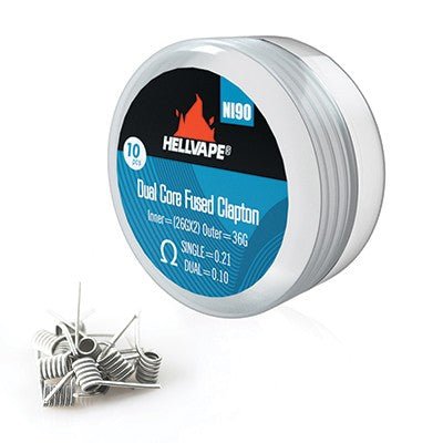 Hellvape NI90 dual-core fused Clapton coil for vaping, pre-built at 0.21 ohm, displayed on a coil jig with tools.