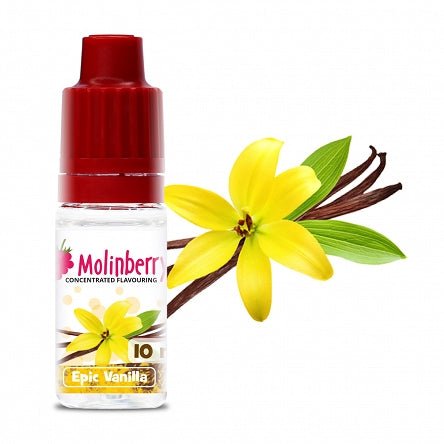 Bottle of Flavour World SA MB Epic Vanilla flavoring extract with vanilla beans and clear liquid in a glass bottle.