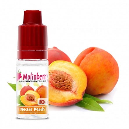 Bottle of MB Nectar Peach by Flavour World SA showing ripe peach flavor in a clear container with vibrant peach illustrations