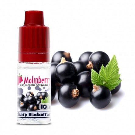 Bottle of Flavour World SA MB Sharp Blackcurrant flavor extract in a clear glass bottle with a black cap.