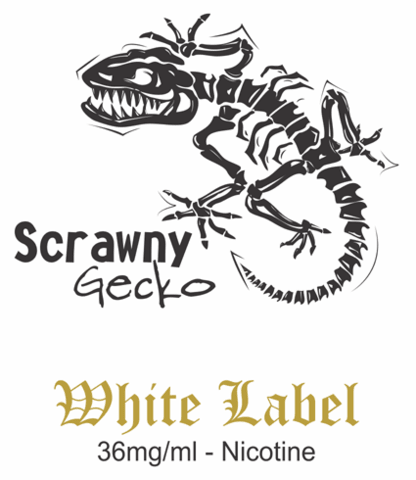 Scrawny Gecko Nicotine PG 36mg bottle, clear liquid e-liquid for vaping, labeled with brand and nicotine strength.