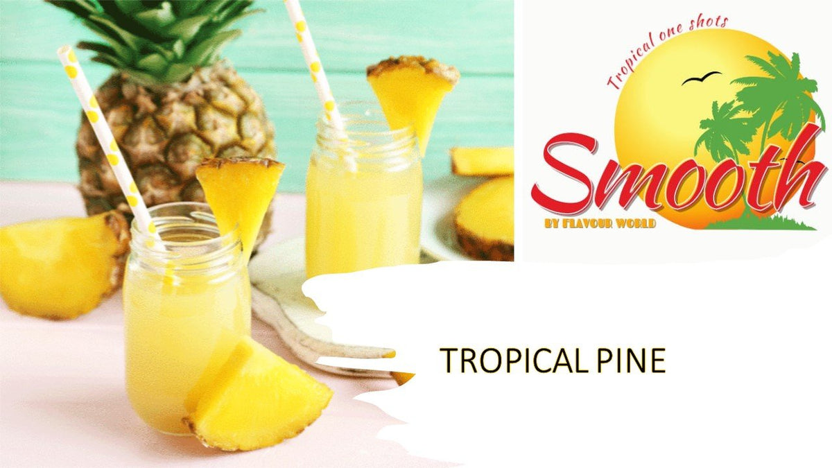 Bottle of One Shot Smooth Tropical Pine flavor shot with tropical pineapple flavor and clear packaging.
