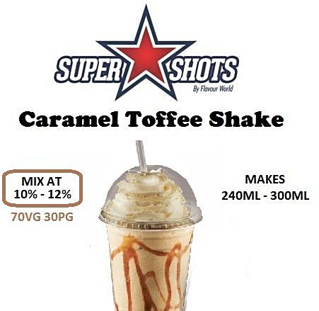 Bottle of One Shot Caramel Toffee Shake One Shot flavor syrup, featuring caramel and toffee ingredients in a clear bottle.