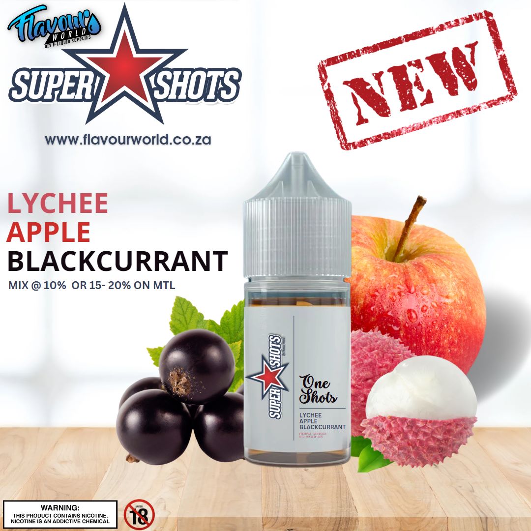 One Shot Lychee Apple Blackcurrant Ice flavor shot in a small bottle with colorful label, ready for vaping.