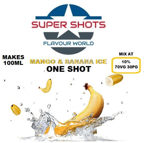 One Shot Mango Banana ICE One Shot e-liquid bottle with colorful label featuring mango and banana illustrations.
