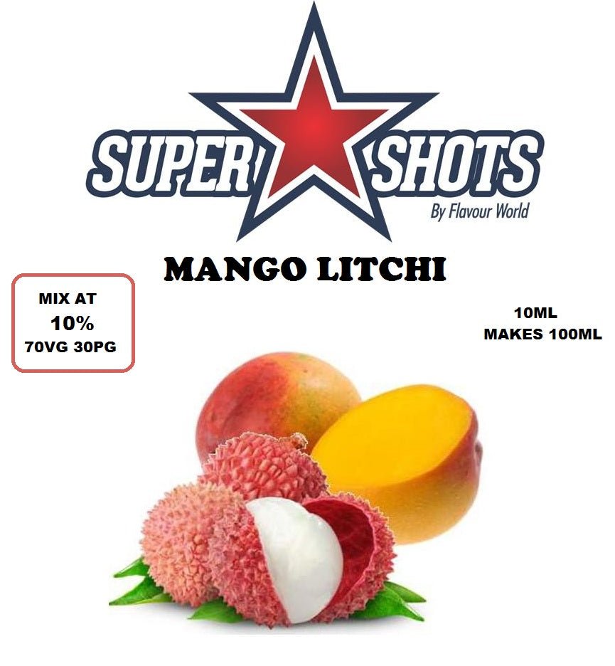 Bottle of One Shot Mango Litchi Ice flavor e-liquid, featuring mango and litchi fruit images and icy cooling design.