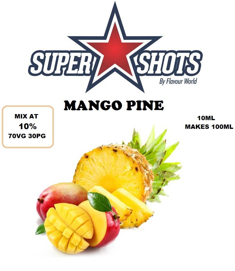 One Shot Mango Pine Ice e-liquid shot showing vibrant mango and pineapple flavors in a small bottle.