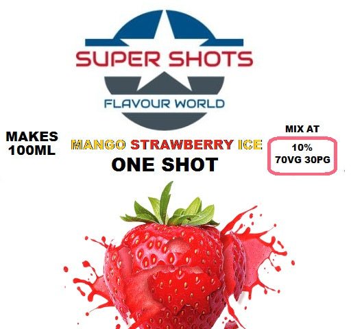 Bottle of One Shot Mango Strawberry Ice flavor e-liquid with bright mango and strawberry images on the label.