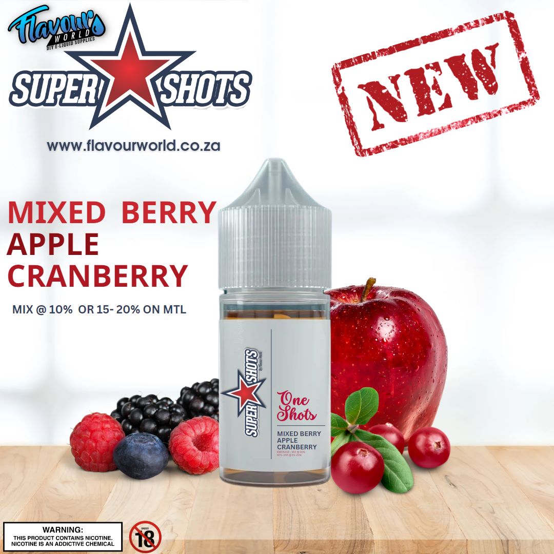 One Shot Mixberry Apple Cranberry Ice flavor shot in a clear bottle with vibrant fruit images on the label.