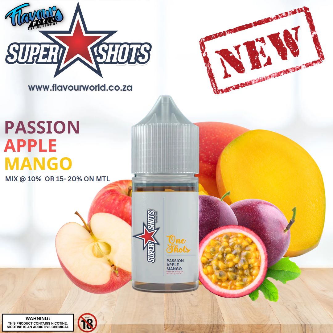 One Shot Passion Apple Mango Ice flavor e-liquid bottle, featuring colorful label with fruit illustrations.