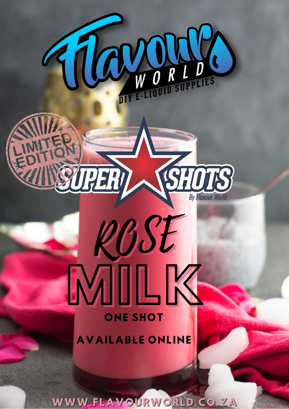 Super Shots One Shot Rose Milkshake Bombay Crush flavor in a small bottle, with vibrant pink liquid and colorful packaging.