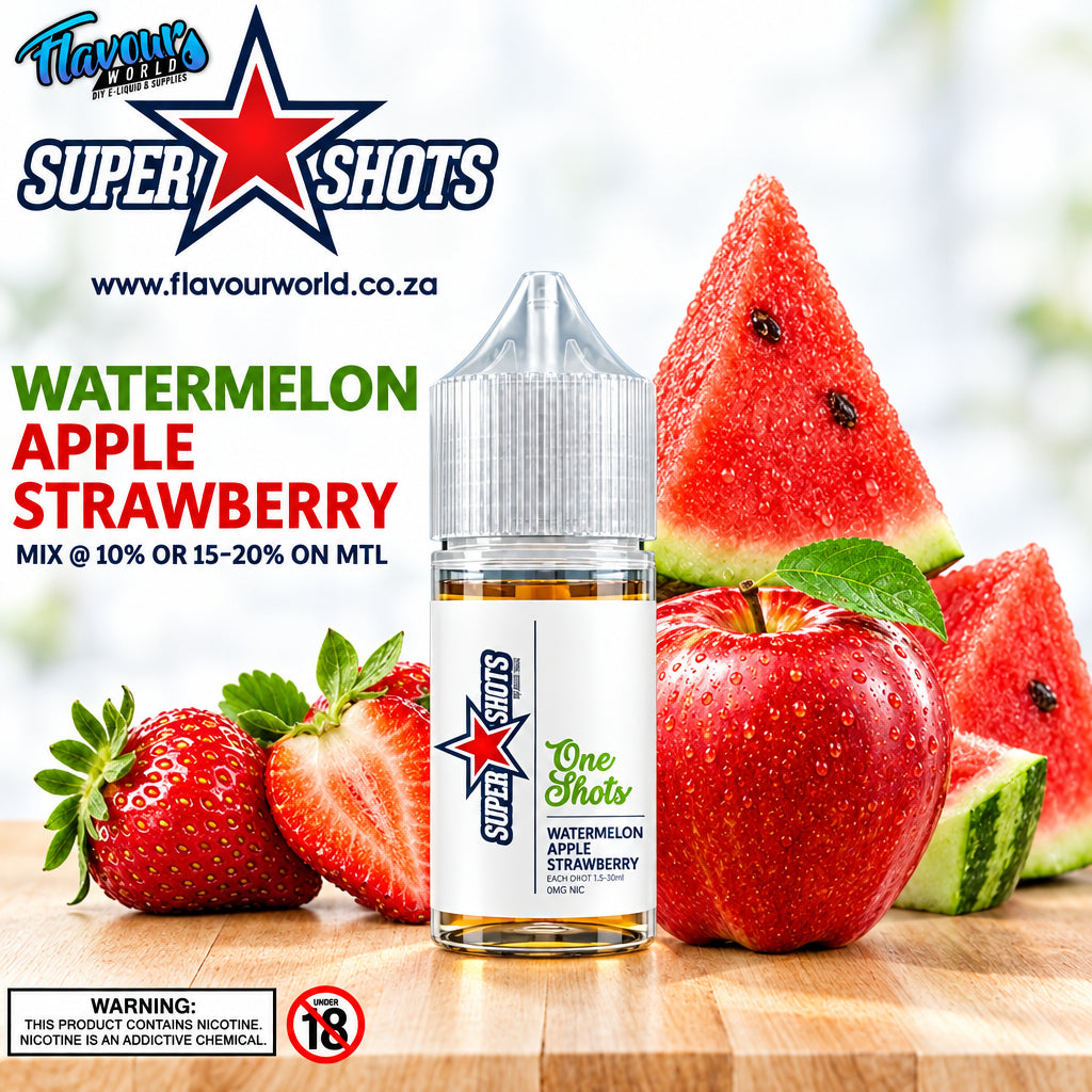 One Shot Watermelon Apple Strawberry Ice flavor shot with fresh fruit images and vibrant colors.