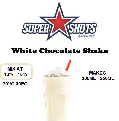 Creamy white chocolate shake in a glass, topped with whipped cream, served in a clear glass for One Shot's SS White Chocolate Shake.