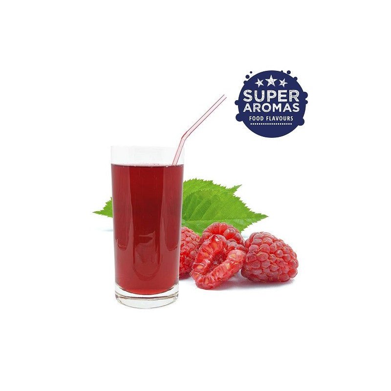 Bottle of Flavour World SA Raspberry Syrup with red liquid and label, showing the product in a clear glass bottle.