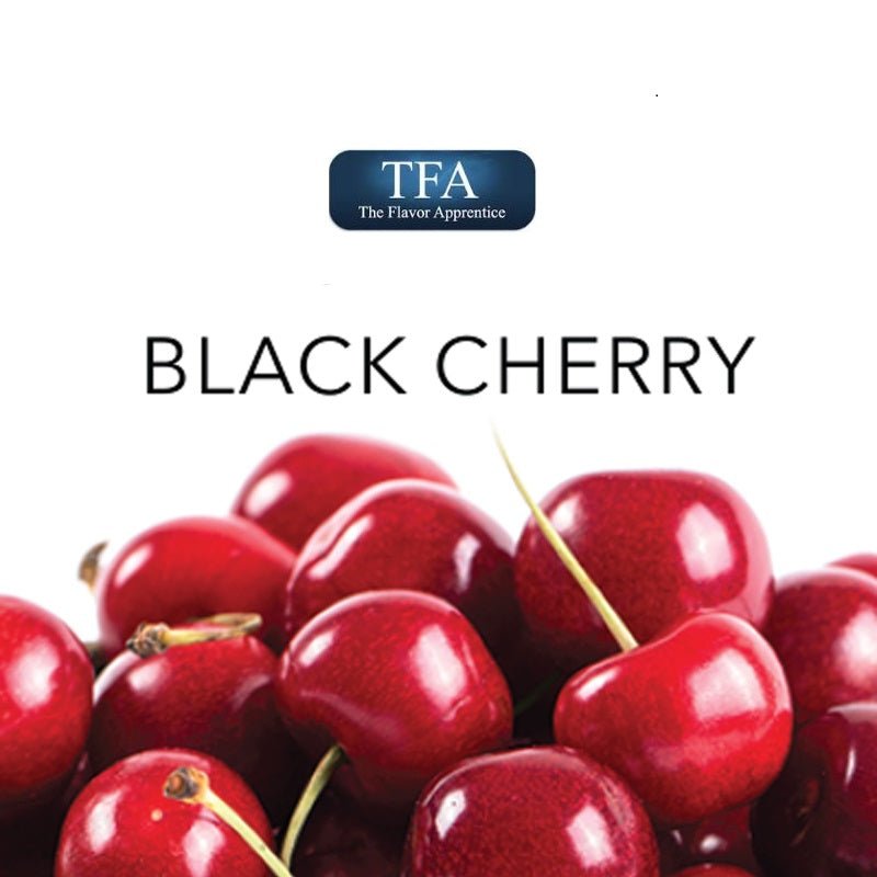 TFA Black Cherry flavor concentrate bottle from TFA/TPA Flavour Concentrates with black cherry liquid inside.