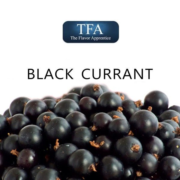 TFA Black Currant flavor concentrate bottle with black currant illustration, used for e-liquid and flavor mixing.