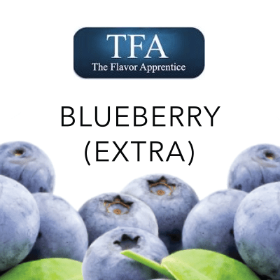 TFA Blueberry Extra flavor concentrate bottle from TFA FLAVOUR CONCENTRATES, with a blue and white label and a clear liquid inside.