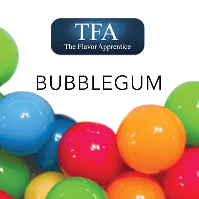 TFA Bubblegum flavor concentrate bottle from TFA FLAVOUR CONCENTRATES with vibrant pink and white label.
