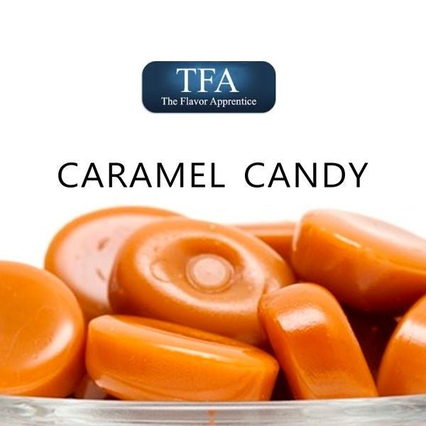 TFA Caramel Candy flavor concentrate bottle from TFA Flavour Concentrates, with caramel candy flavoring label on the bottle.