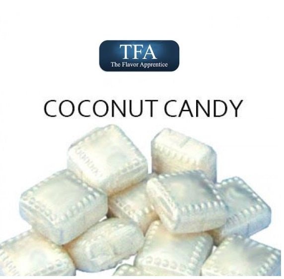 TFA Coconut Candy flavor concentrate bottle from TFA/TPA Flavour Concentrates, with a white label and clear cap.